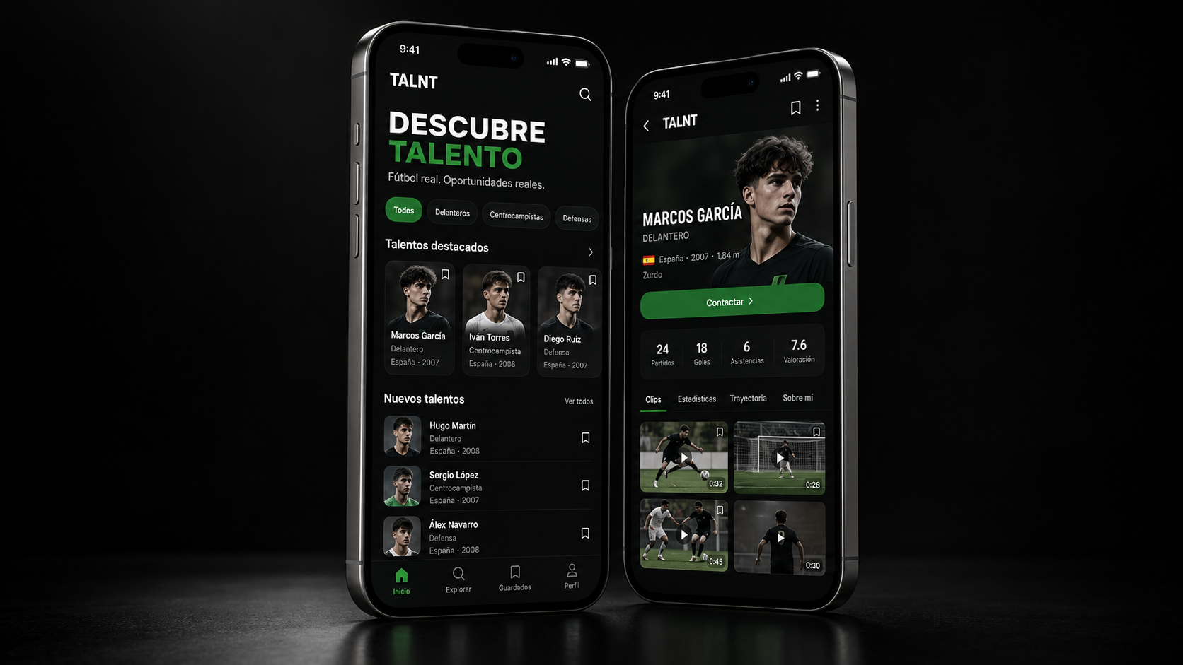 Mockup de la aplicación TALNT en dos iPhone 18 Pro